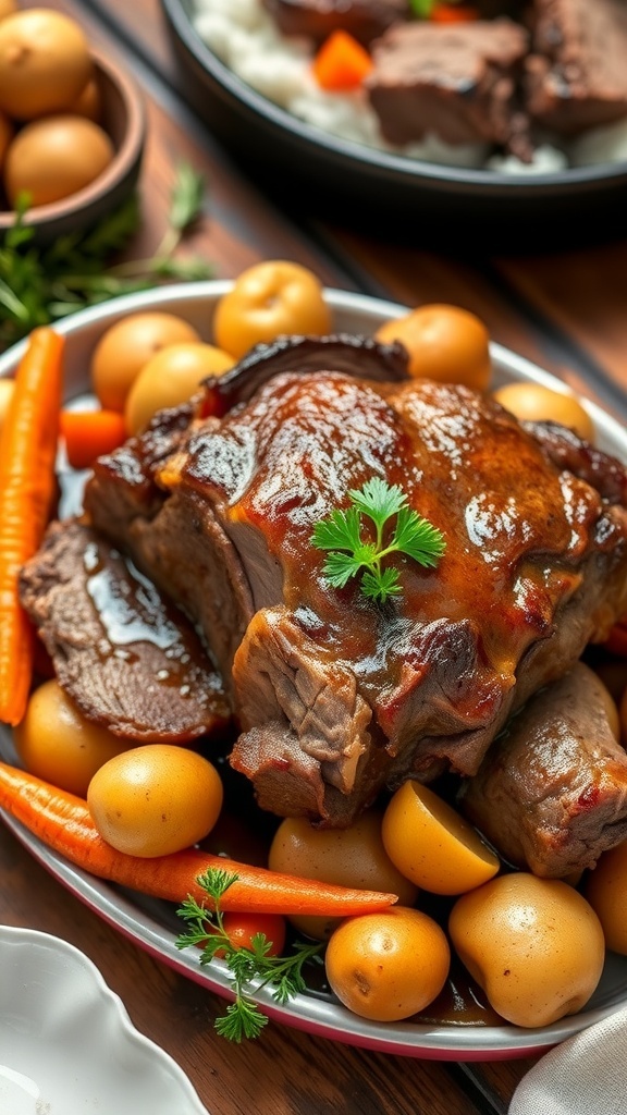 A hearty pot roast with carrots and potatoes on a rustic table, garnished with parsley.